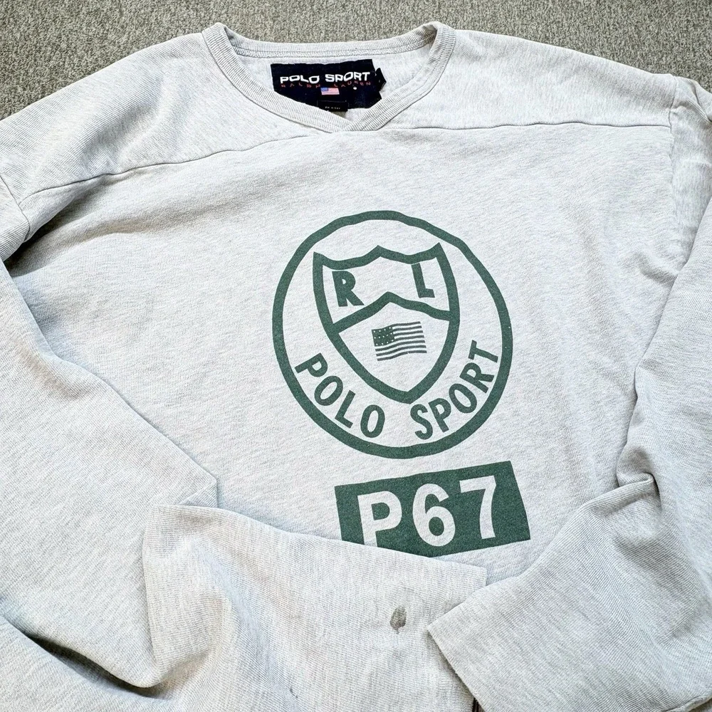 Vintage 90s Polo Sport Ralph Lauren P67 Crest Rugby Sweatshirt Men's L Grey Y2K